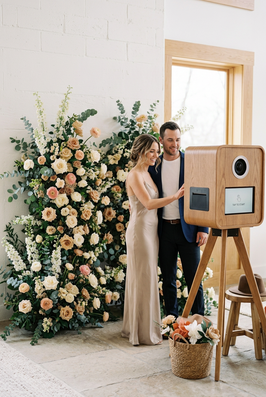 A woman and man in formal attire smiling and taking a photo with a digital photo booth in a decorated indoor setting with large floral arrangements.