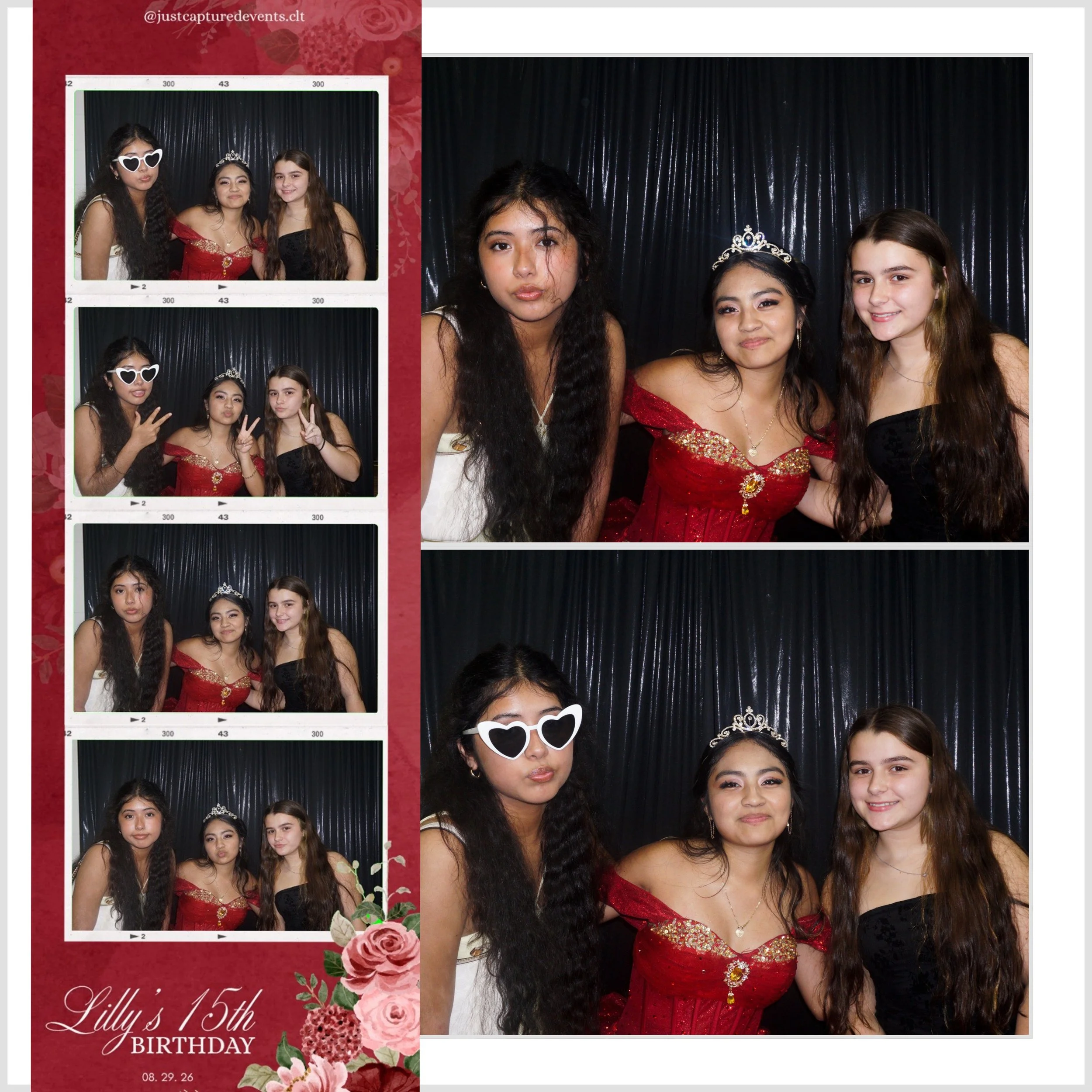 Photobooth picture of three young girls at Lily's 15th birthday celebration. One girl is wearing heart-shaped sunglasses, another is wearing a princess tiara, and the third girl is smiling. They stand in front of a black curtain backdrop, with a red-themed border on the left side of the image that includes pink roses and the text "Lily's 15th BIRTHDAY."