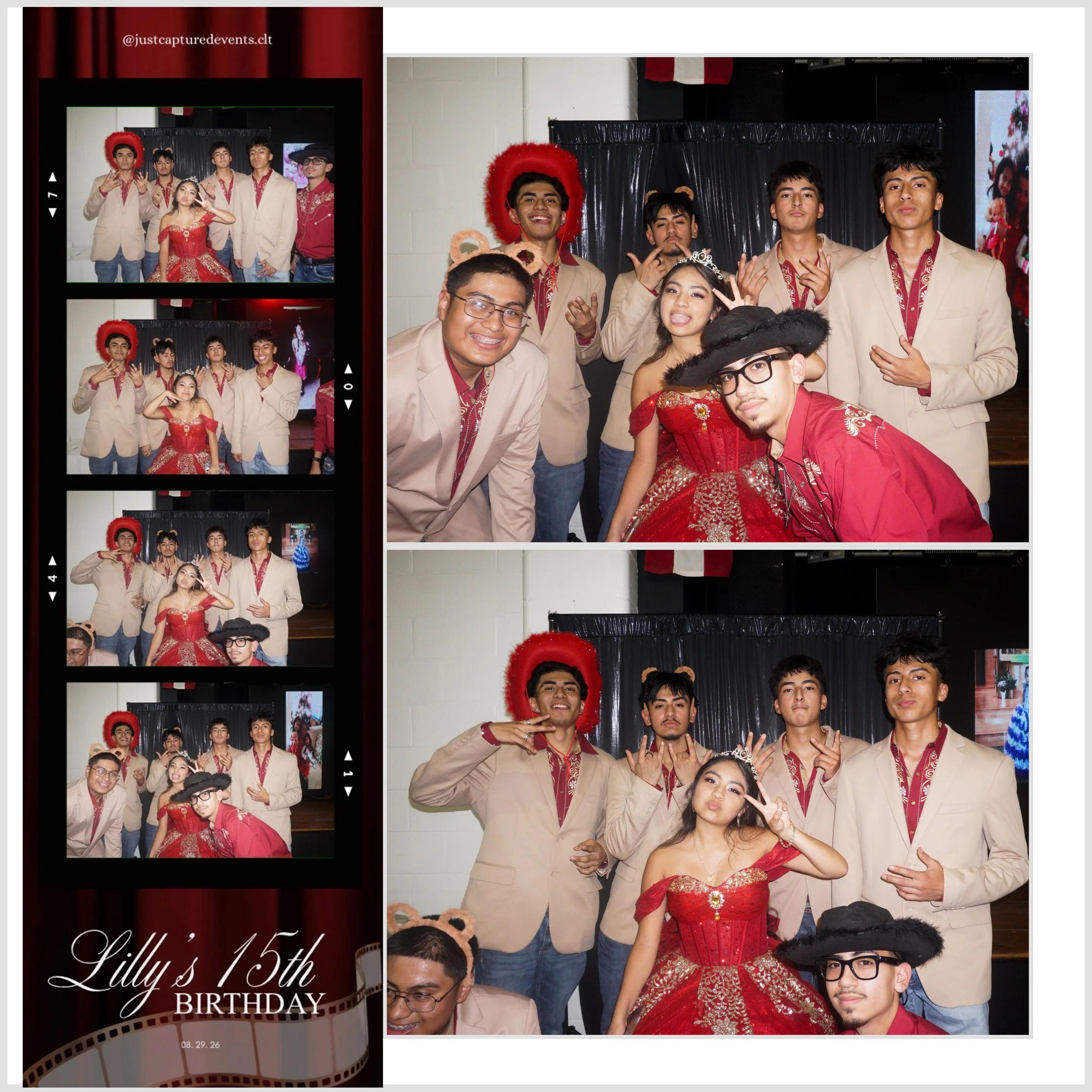 A group of young adults dressed in beige suits and red clothing, posing together at a birthday celebration. Some are making peace signs and playful gestures, and a girl is wearing a tiara and a red dress with gold embroidery. The background includes a black curtain and decorations, and there are smaller images of the group on the left side.