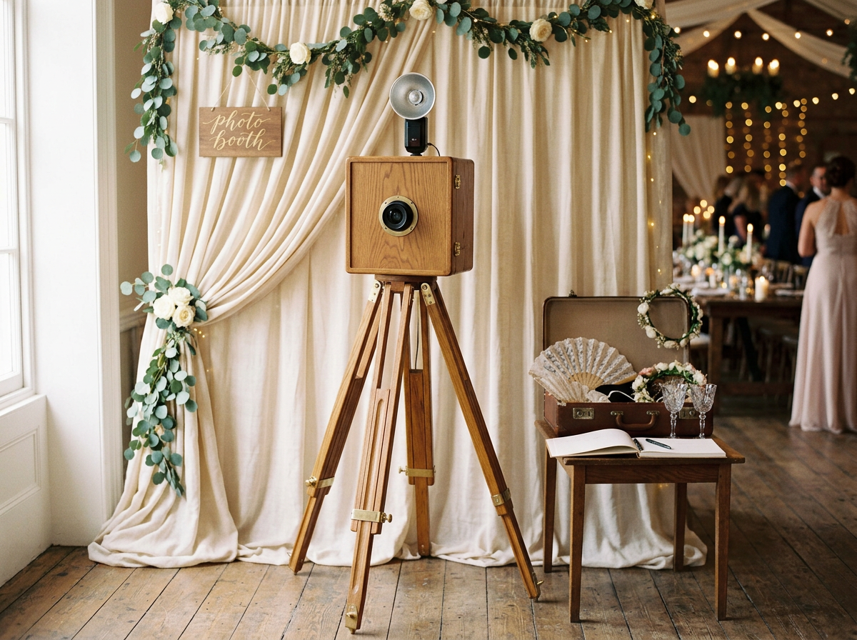 Photo booth setup with a vintage camera on a tripod, decorated with greenery and white flowers, against a cream curtain backdrop. A sign reads 'photo booth.' Nearby, there is an open vintage case with a fan, floral headband, and glass decorations, and an open guestbook on a small table. In the background, people are mingling at a decorated event space.
