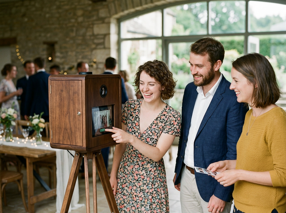 Three people smiling and looking at a photo booth with a touchscreen at a wedding reception. The woman in a floral dress is pointing at the screen, and there are other guests in the background.