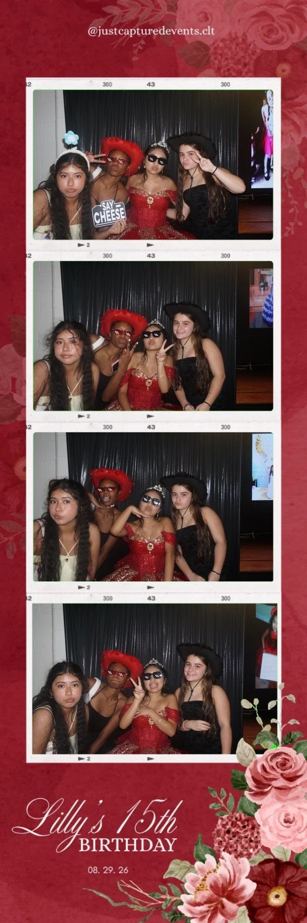 Photo booth strip from Lilly's 15th birthday party featuring four young women in costume making funny faces and peace signs, with a birthday banner and floral design at the bottom of the strip.