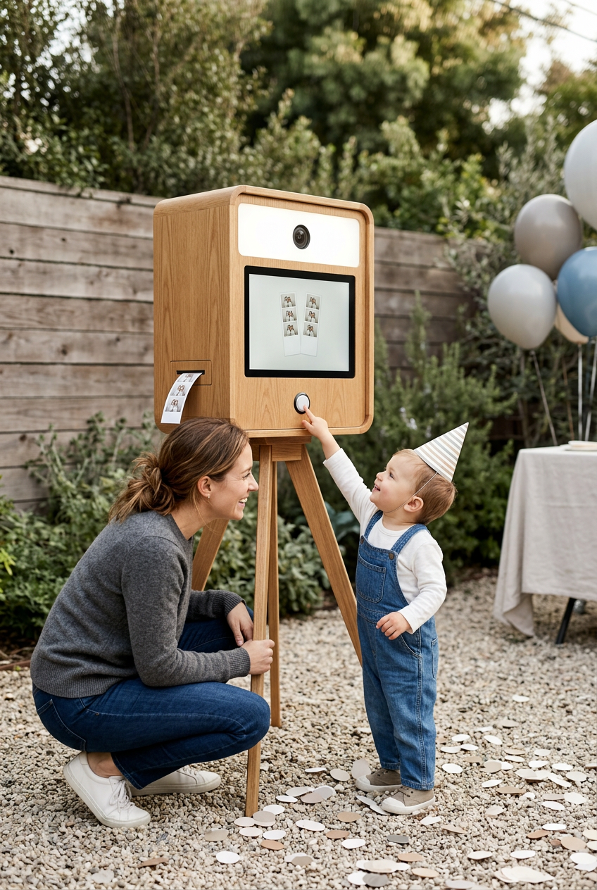 A young boy in overalls and a party hat interacts with a photo booth at an outdoor celebration while a woman crouches nearby, smiling. The photo booth is wooden with a screen displaying photos, a camera on top, and photo strips coming out of the side. Balloons and a table with a white tablecloth are visible in the background.