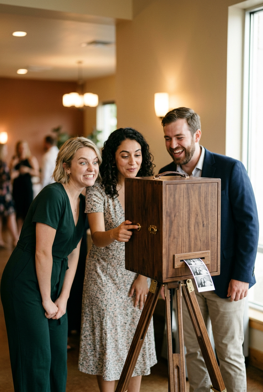 Three friends looking at a photo booth album with photos at a social gathering indoors, smiling and having fun.