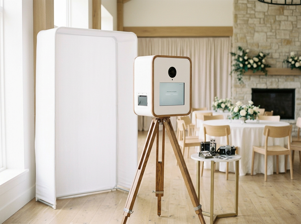 Photobooth setup in a decorated event venue with wooden floor, round tables with white tablecloths, flowers, and a fireplace.