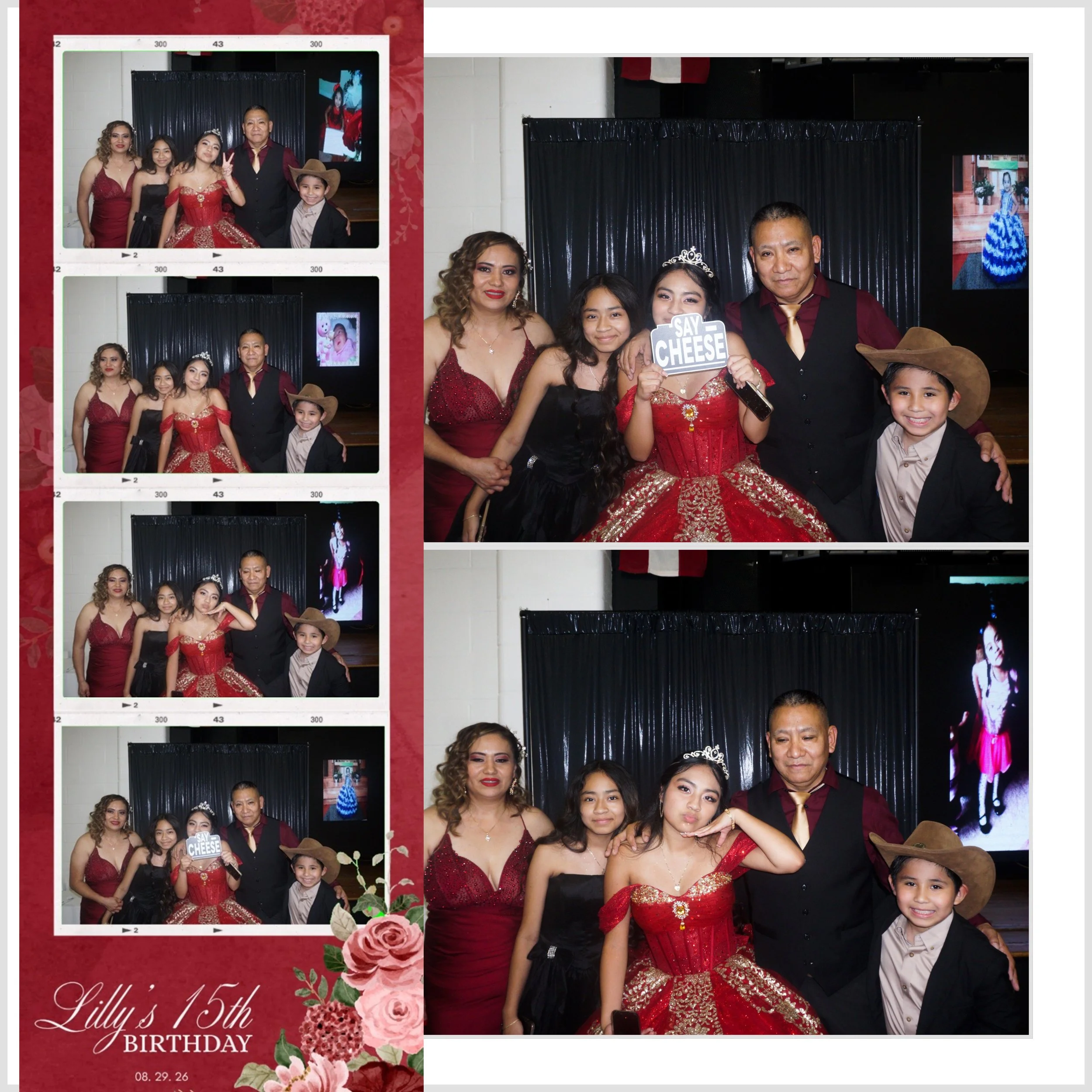 Group of five people, two women, two girls, and a boy, posing in front of a black curtain at a birthday celebration. The girl dressed as a princess with a tiara is holding a sign saying 'SAY CHEESE', smiling at the camera. The woman on the left is wearing a red dress, and the woman on the right is wearing black. The two girls are in black and red dresses, and the boy is in a beige shirt with a cowboy hat. There is a large screen in the background and photo strips on the left side of the image with floral birthday graphics and text indicating Lily's 15th birthday on August 29, 2026.