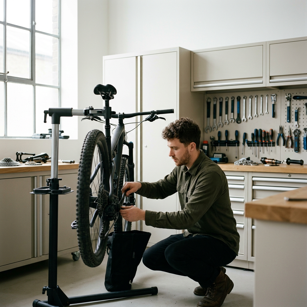 A man working on repairing a bicycle in a well-organized workshop with tools hanging on the wall.