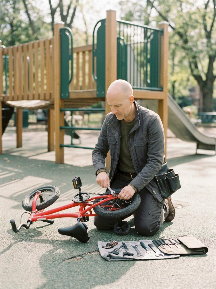 Man repairing a small red bicycle on a playground with trees in the background.
