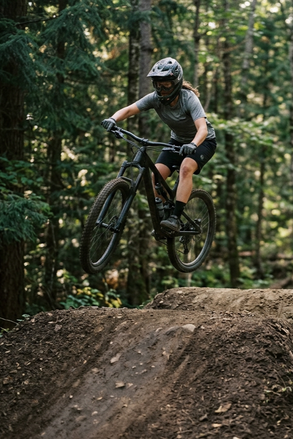 A person riding a mountain bike and jumping off a dirt ramp in a forested area, wearing a helmet and gloves.