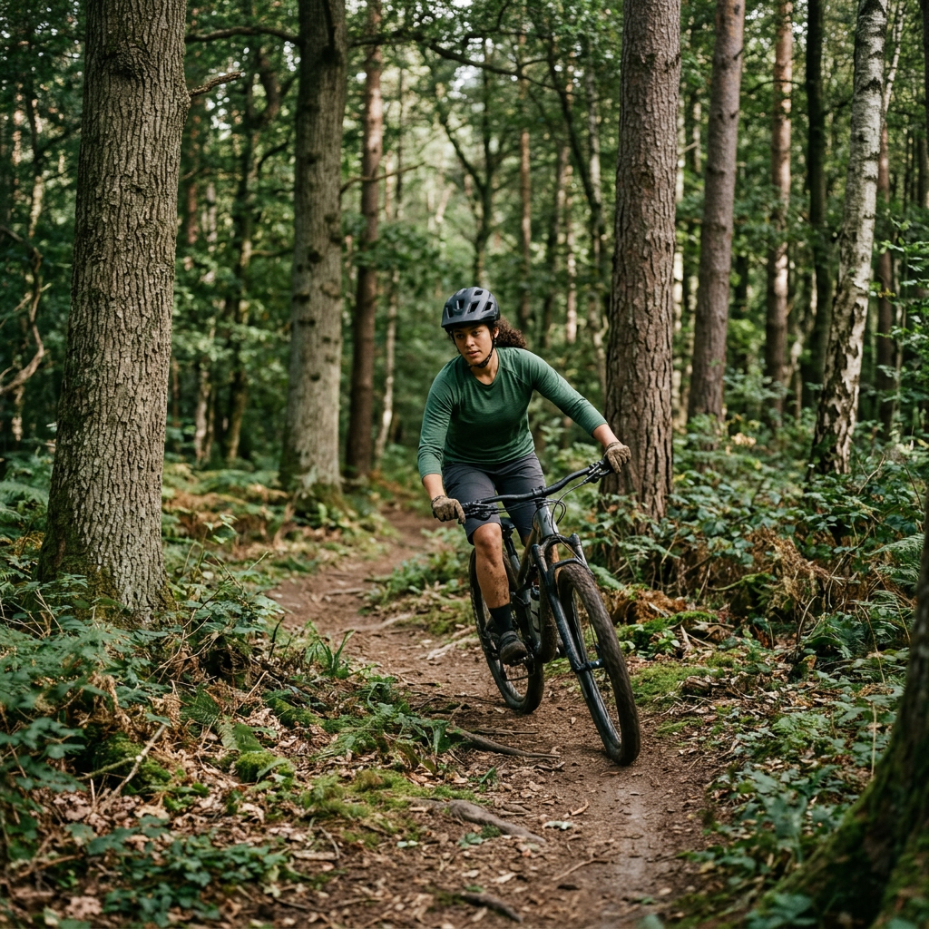 A woman mountain biking on a narrow dirt trail through a dense forest with tall trees and green foliage.