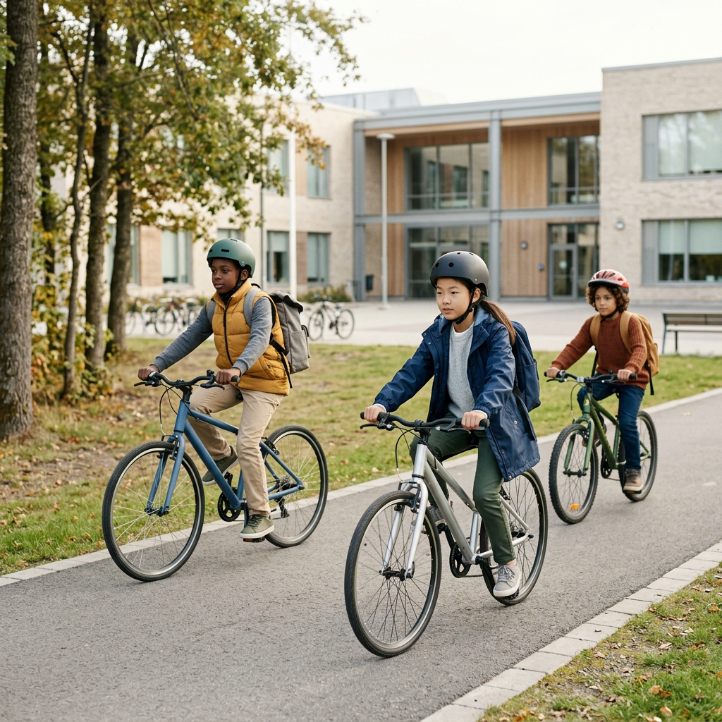 Three children riding bicycles on a paved path near a modern residential building, wearing helmets and backpacks.