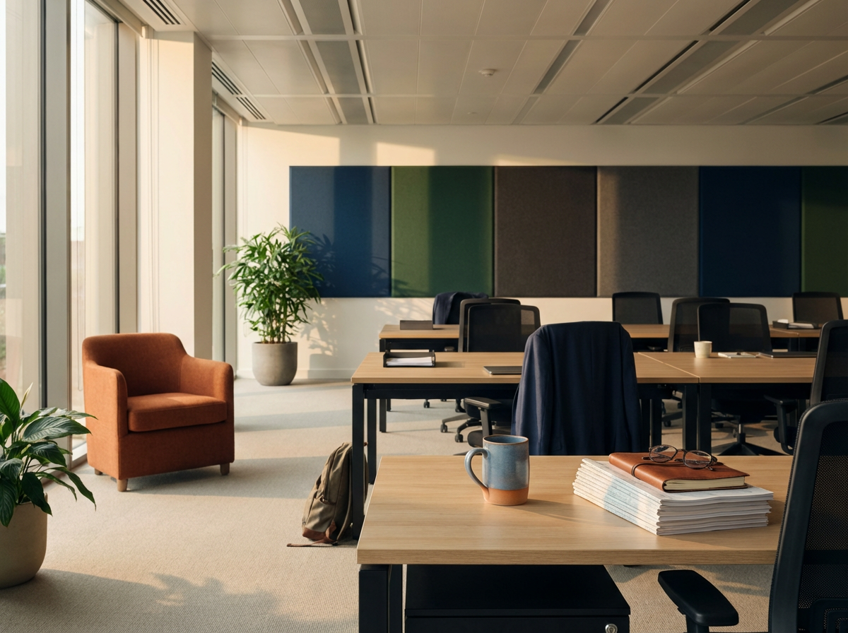 Empty modern office space with desks, chairs, plants, and a window letting in sunlight.
