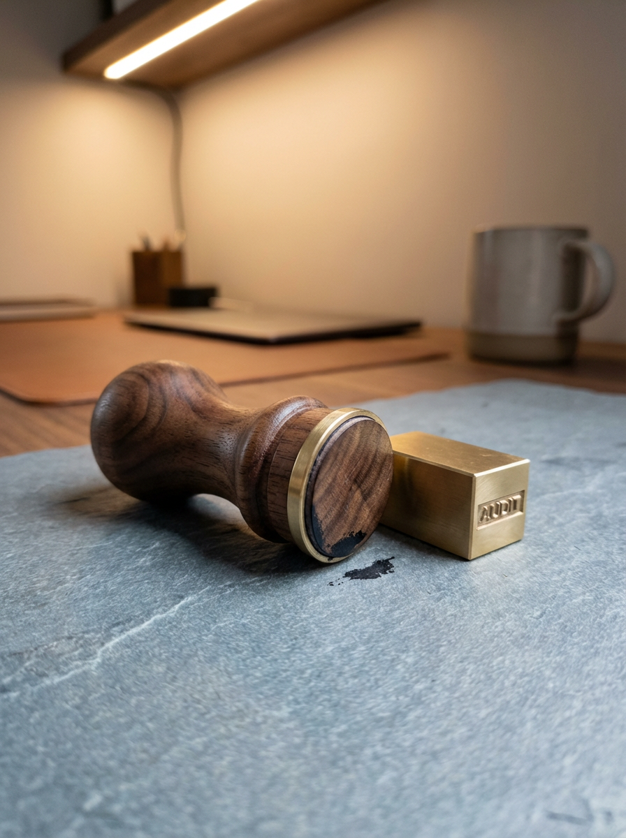 Close-up of a rubber stamp with a wooden handle and brass base on a textured surface, with a blurred background of a mug, notebooks, and desk accessories on a desk.