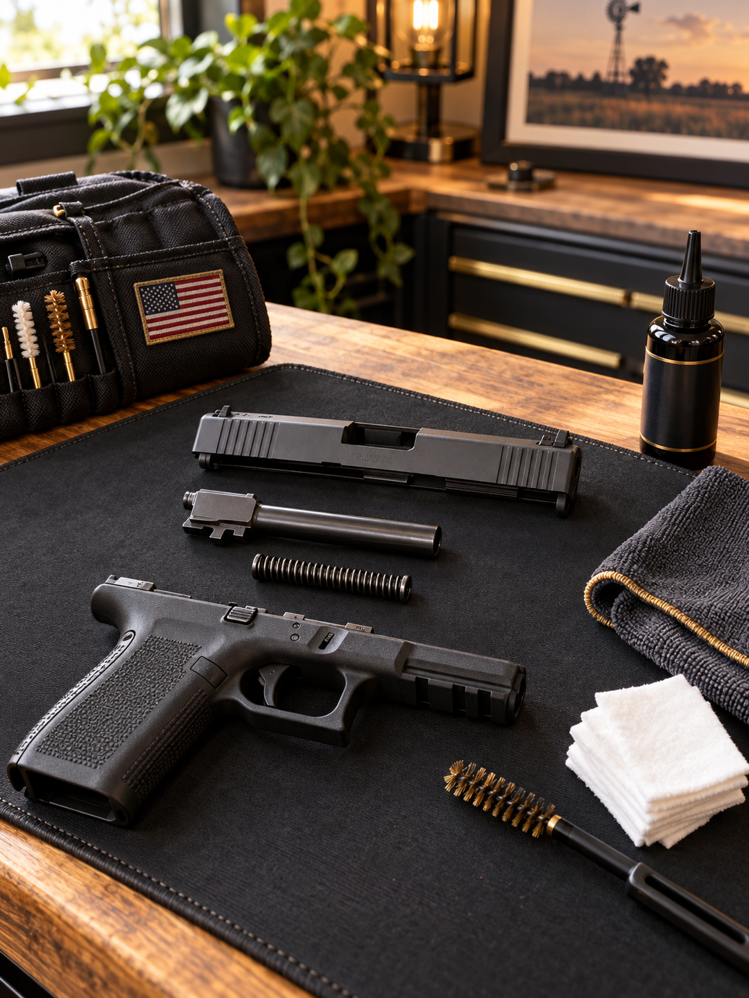 Disassembled handgun with cleaning supplies on a black mat on a wooden table, with gun cleaning brush, chemical bottles, cloths, and a gun cleaning kit, in a well-lit room with a window, plant, and framed photo in the background.