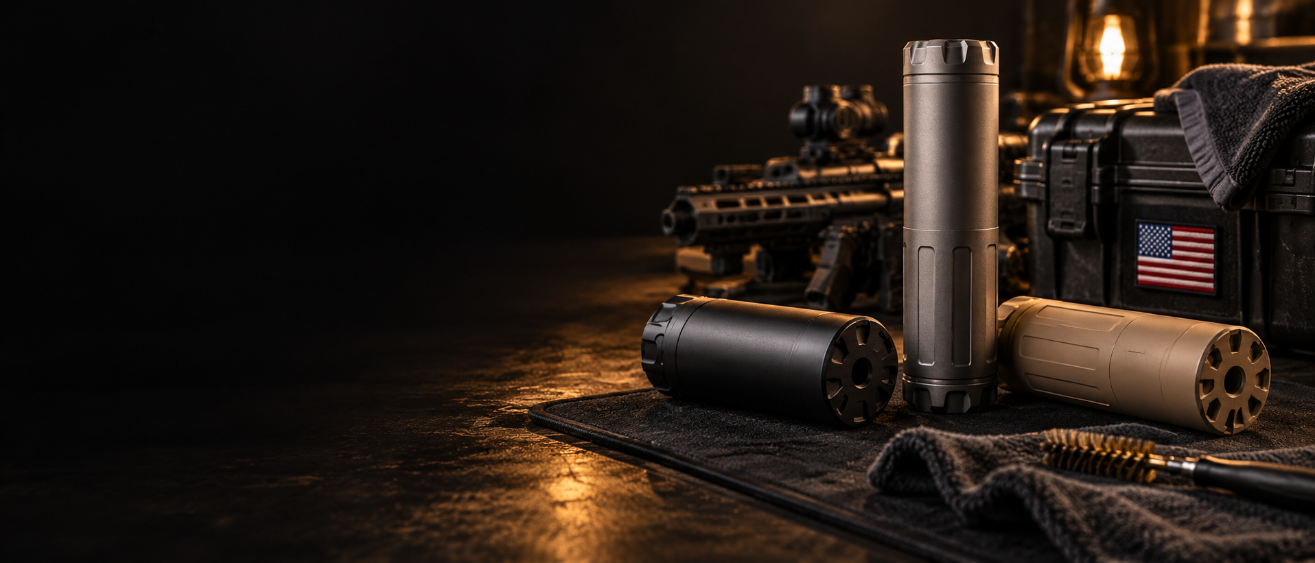 Tactical equipment including two cylindrical suppressors, a sniper rifle with scope, a black storage case with an American flag patch, and a cleaning brush on a black mat, arranged on a dark surface with warm lighting.