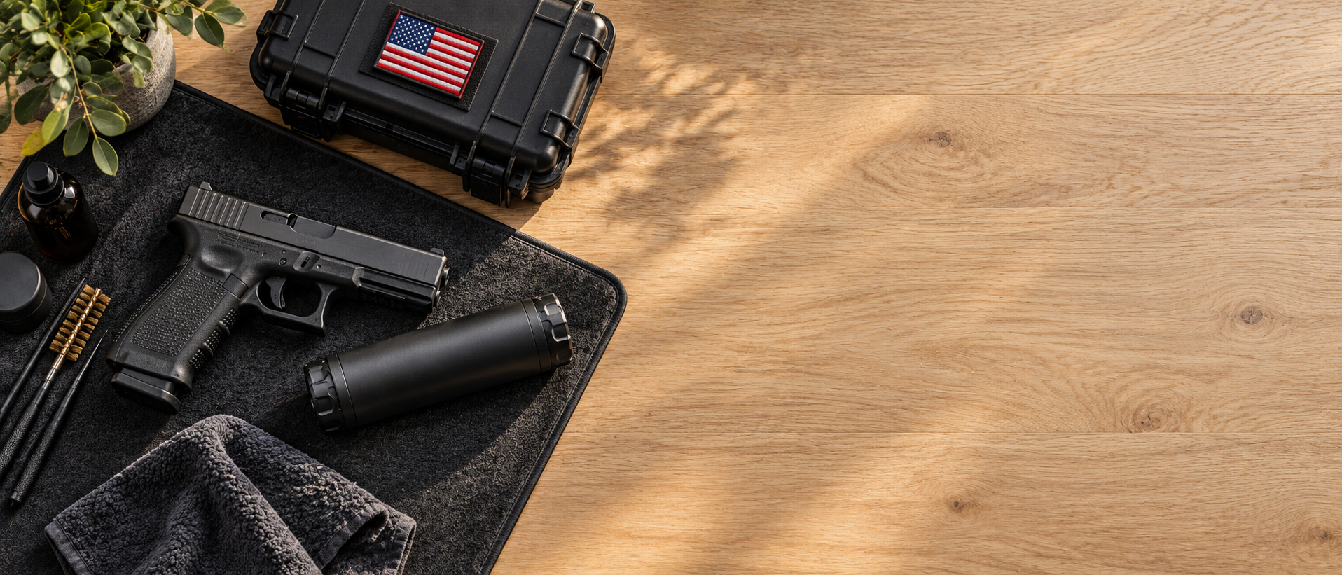A tactical gun kit on a black mat includes a black handgun with textured grip, a black cylindrical suppressor, a box with an American flag patch, a small amber bottle, a black container, a cleaning brush, a grey cloth, and some green plant leaves on the side, all arranged on a wooden surface.