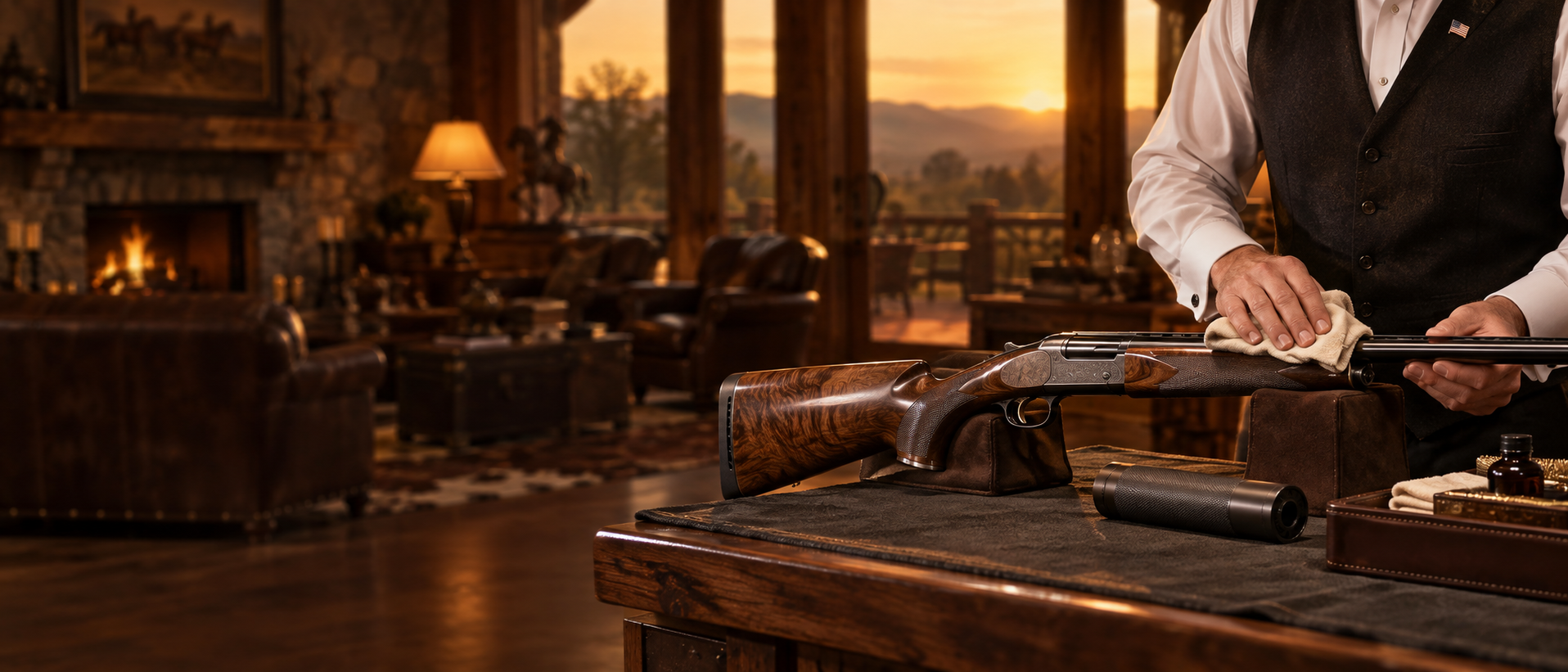 A man cleaning a hunting rifle on a wooden table inside a cozy cabin with a stone fireplace and sunset view.