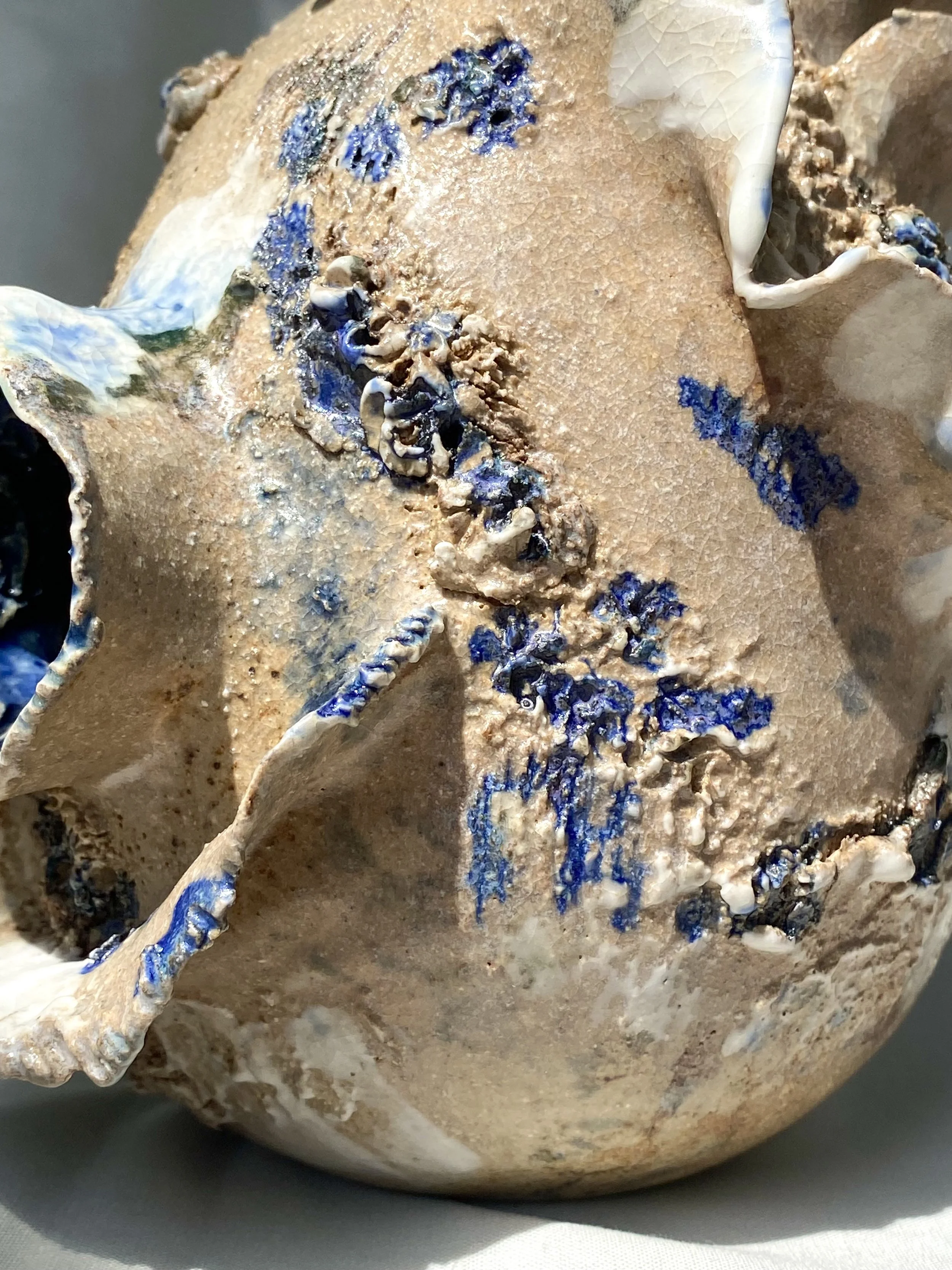 Close-up of an ancient skull with blue paint and decorative markings.
