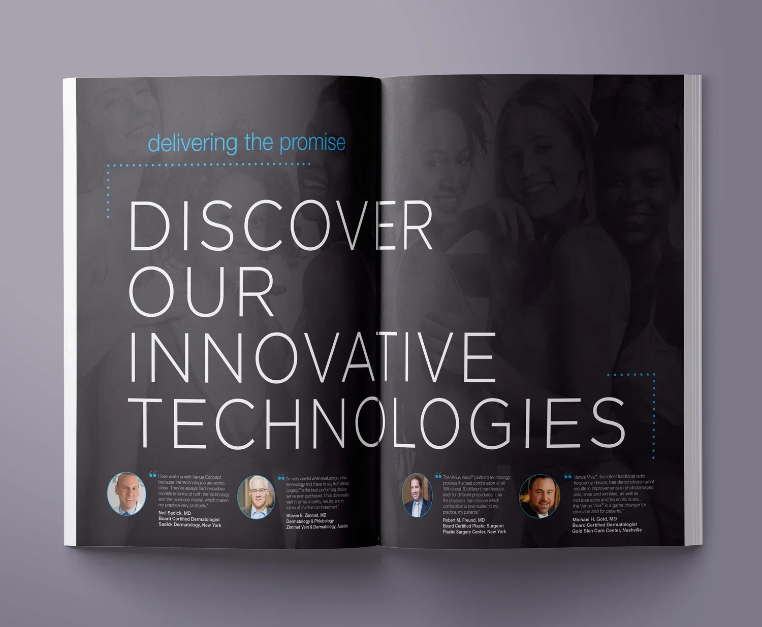 Venus Concept corporate brochure interior spread highlighting technologies