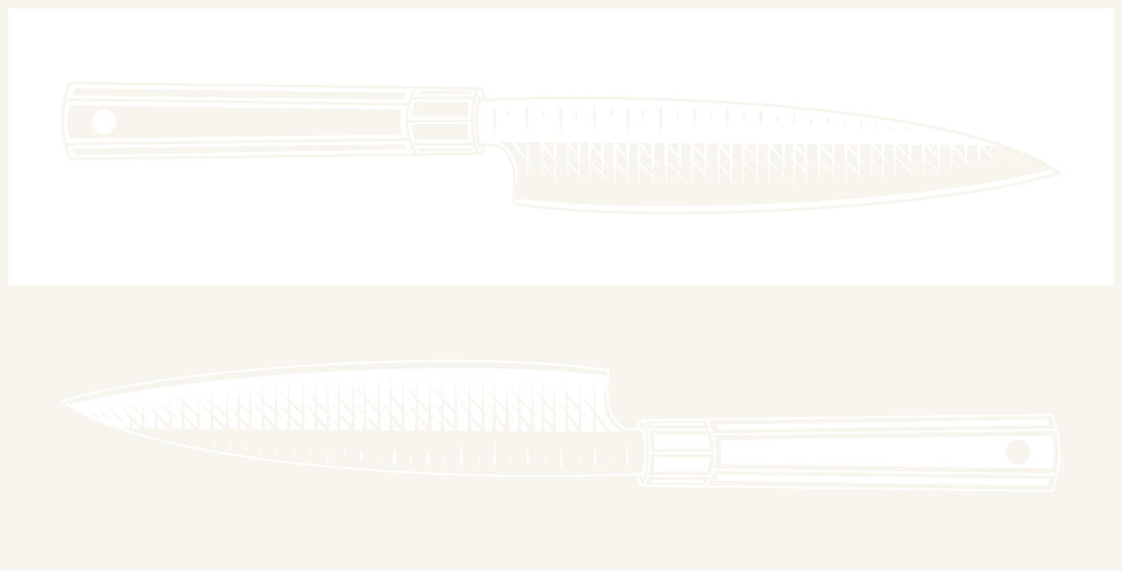 Line drawing of a knife with a black handle and a detailed blade, shown from side view in two different positions.