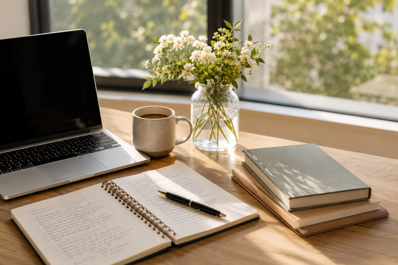 A workspace with a laptop, a notebook with handwritten notes and a pen, a cup of coffee, a vase of white flowers, and several closed books on a wooden table by a window with a view of trees.