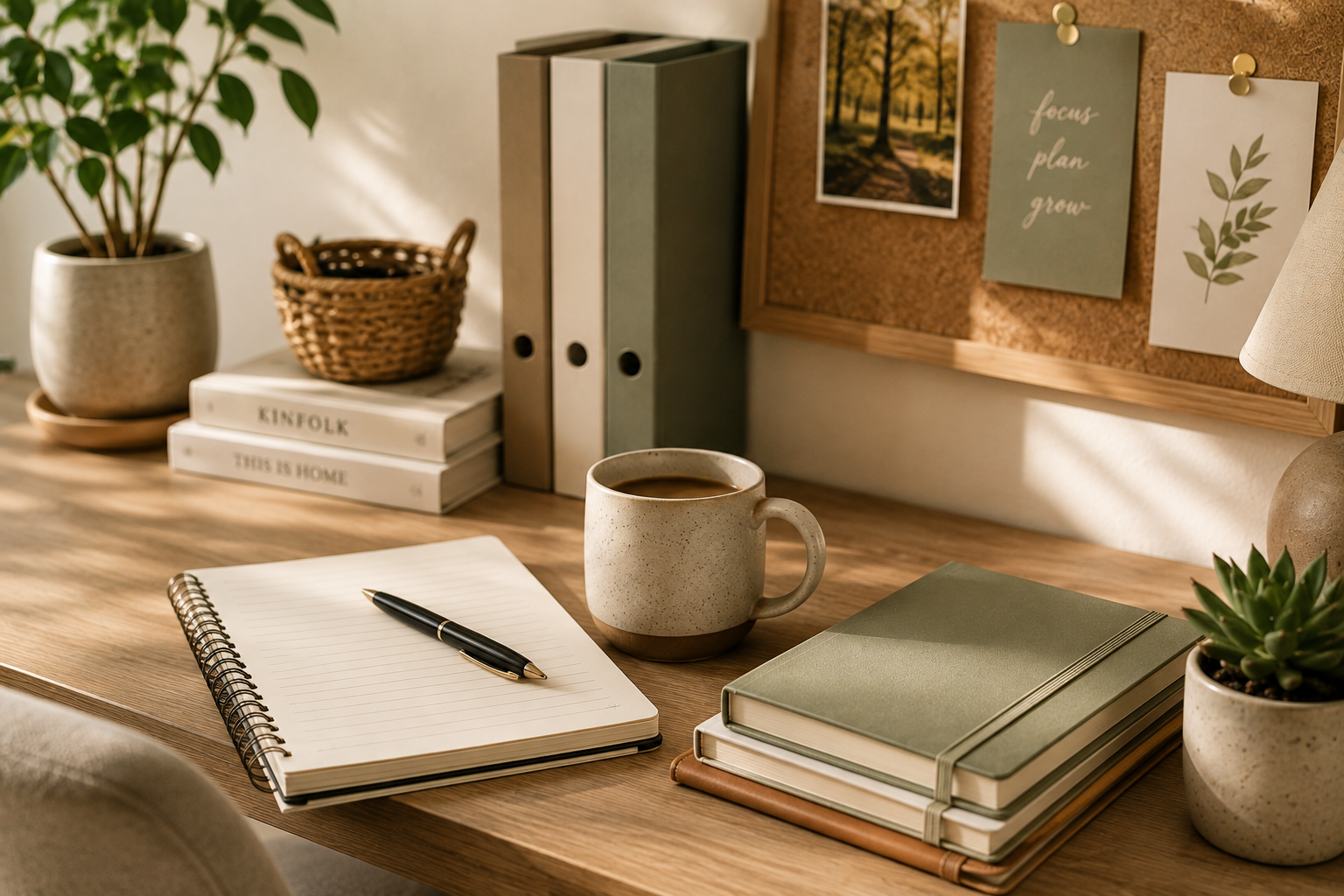 A wooden desk with a spiral notebook and pen, a cup of coffee, a closed notebook, a stack of books, a potted plant, 3 binders, and a cork bulletin board with images and motivational quotes.