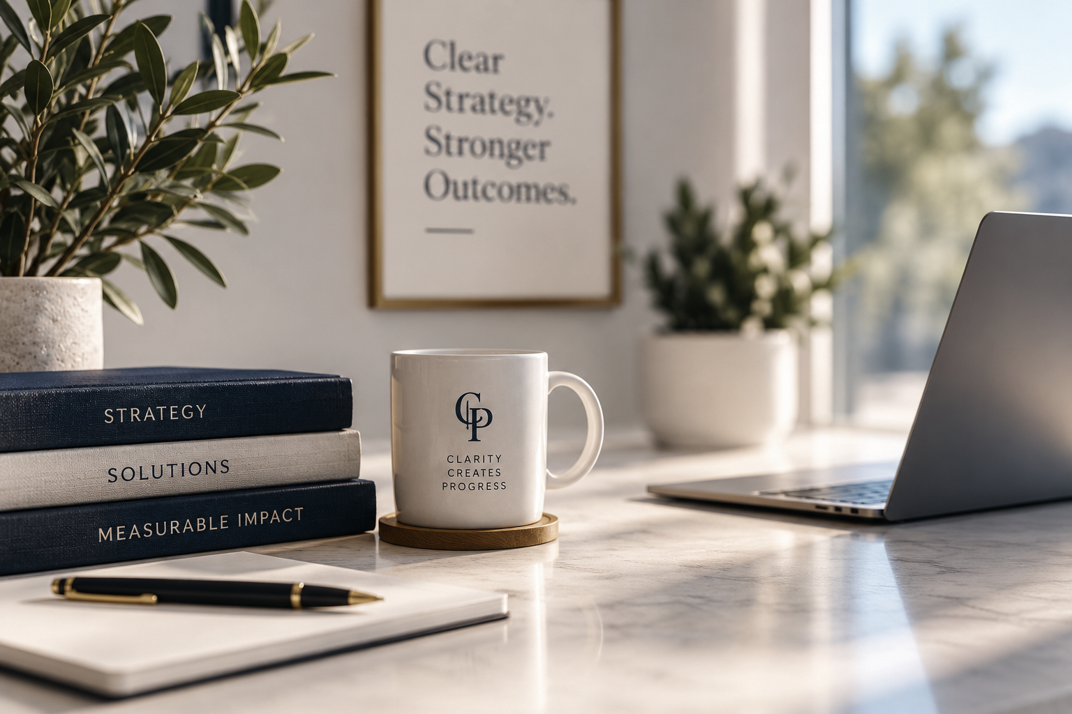A modern office desk with a laptop, a white mug that says 'Clarity Creates Progress', three stacked books labeled 'Strategy,' 'Solutions,' and 'Measurable Impact,' a black and gold pen on a notepad, and two potted plants. In the background, a motivational poster reads 'Clear Strategy. Stronger Outcomes.' with sunlight streaming through a window.
