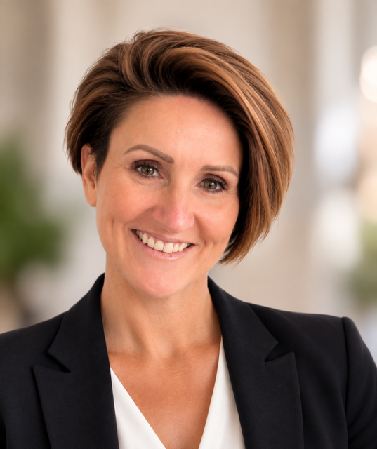 A smiling woman with short, styled brown hair wearing a black blazer and white blouse indoors.