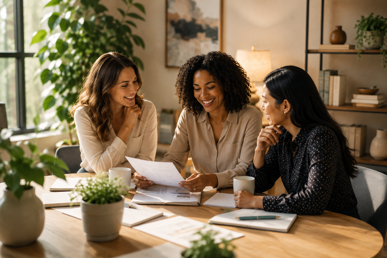 Three women sitting together at a table, engaging in a discussion or meeting, smiling and looking at documents.