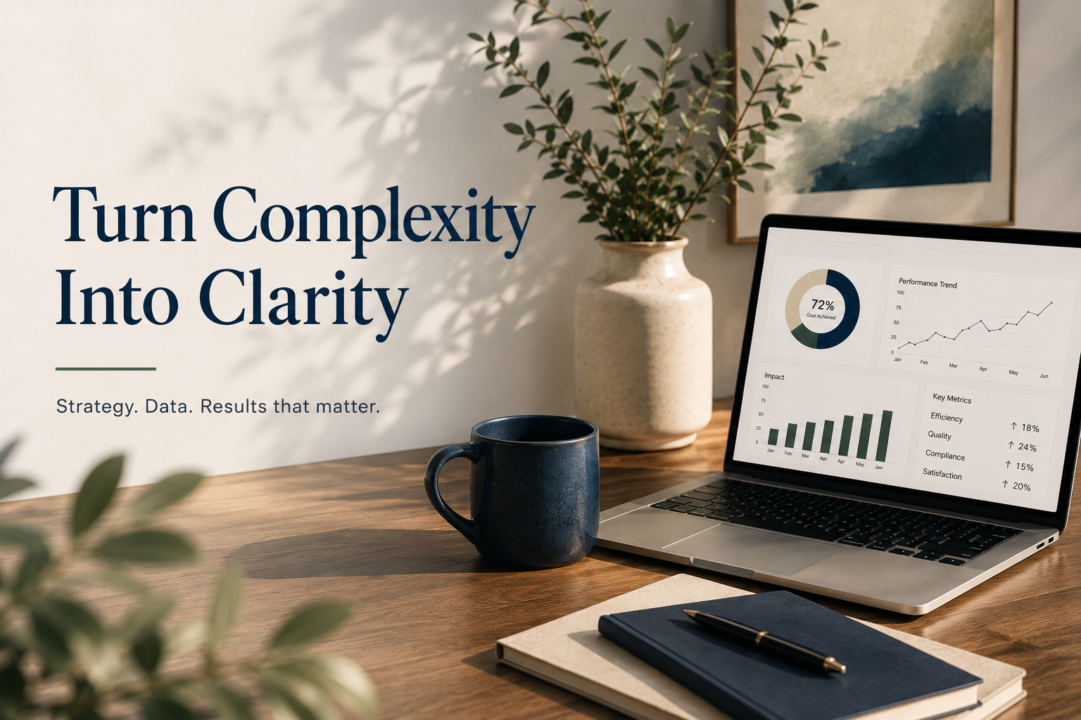 A workspace with a wooden desk, a dark blue mug, a notebook with a pen, a laptop displaying data charts, a white vase with green leaves, and a framed painting in the background. The screen shows dashboards with graphs and metrics. A large poster on the wall reads 'Turn Complexity Into Clarity' with subtext 'Strategy. Data. Results that matter.'.