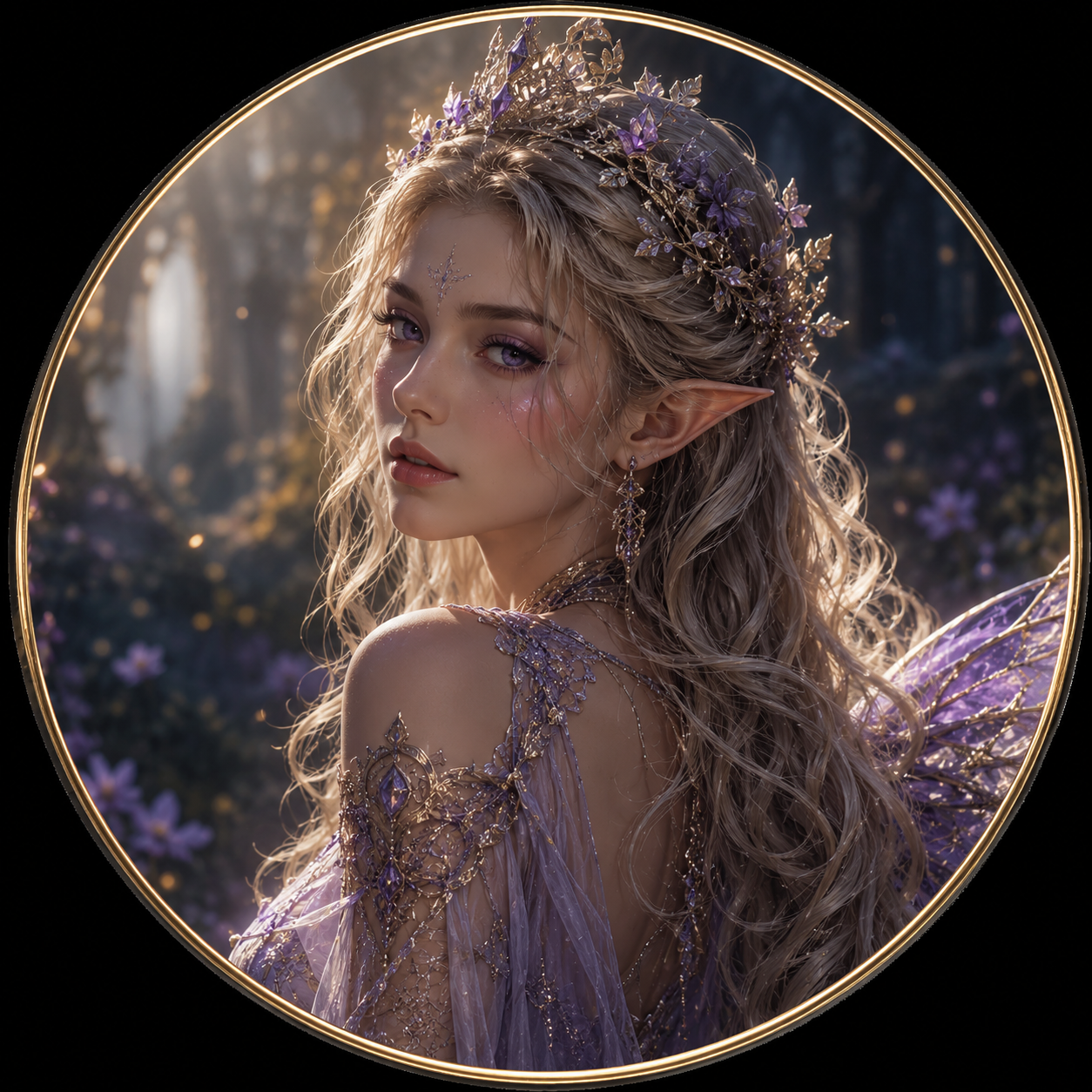 A fantasy-themed female elf with long, wavy blonde hair and purple eyes, wearing a purple and gold crown adorned with flowers and leaves, and matching earrings. She has pointed elf ears and intricate gold and purple jewelry on her shoulder and chest. The background shows a mystical forest with purple flowers and soft lighting, creating an enchanting atmosphere.