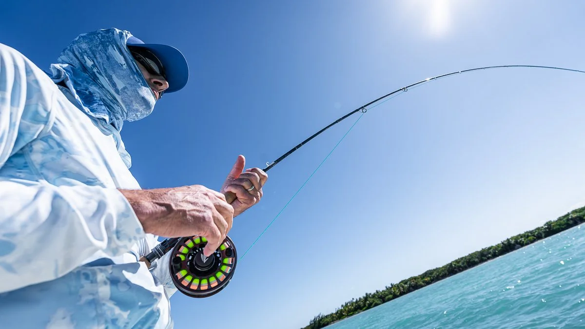 Person fishing on a boat or shoreline under clear blue sky, holding a fishing rod with a curved line.