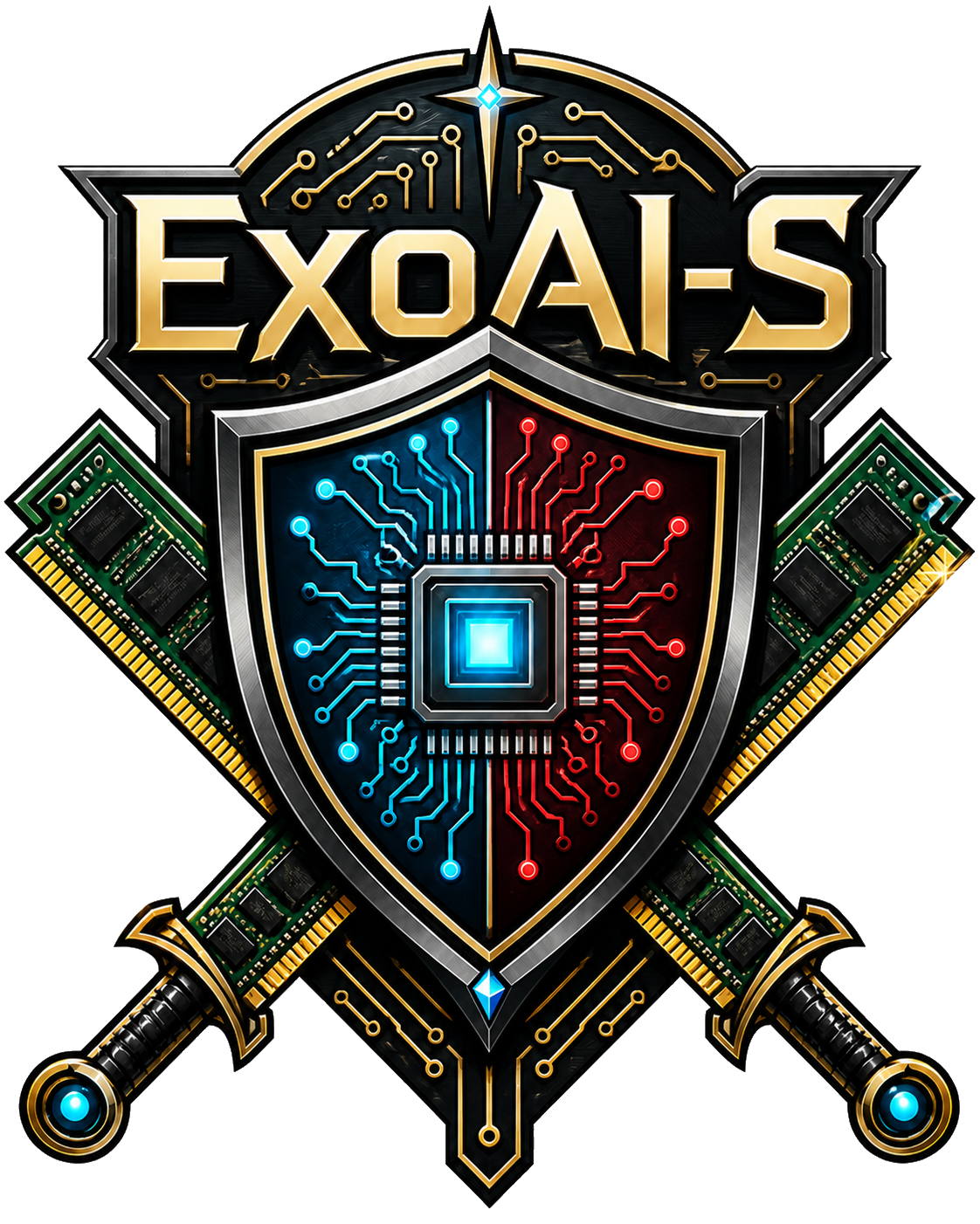 ExoAI-S AI safety shield with computer chip and crossed RAM-stick swords