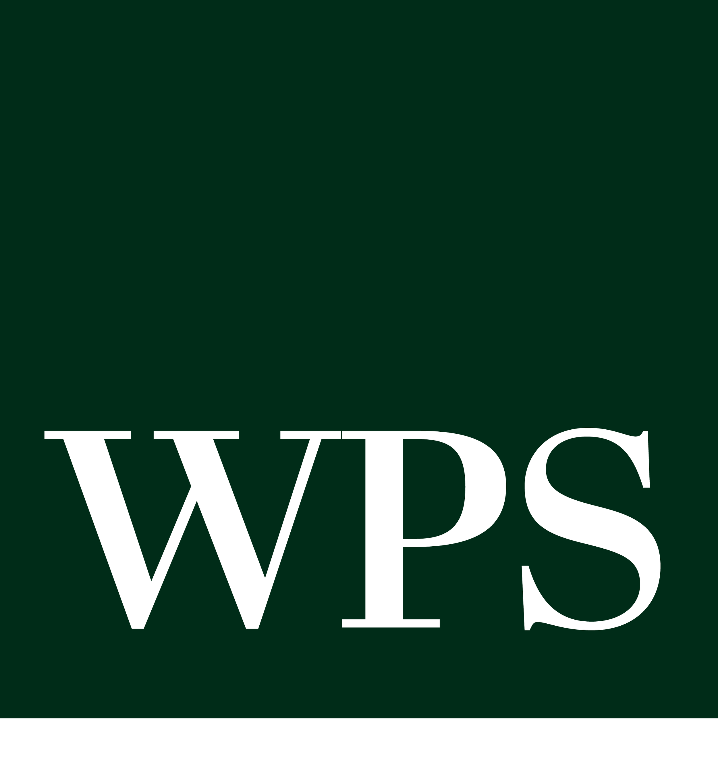 Close-up photographic image of 'WPS' (the West Palmer Solutions logo) in white capital letters on a dark green background.