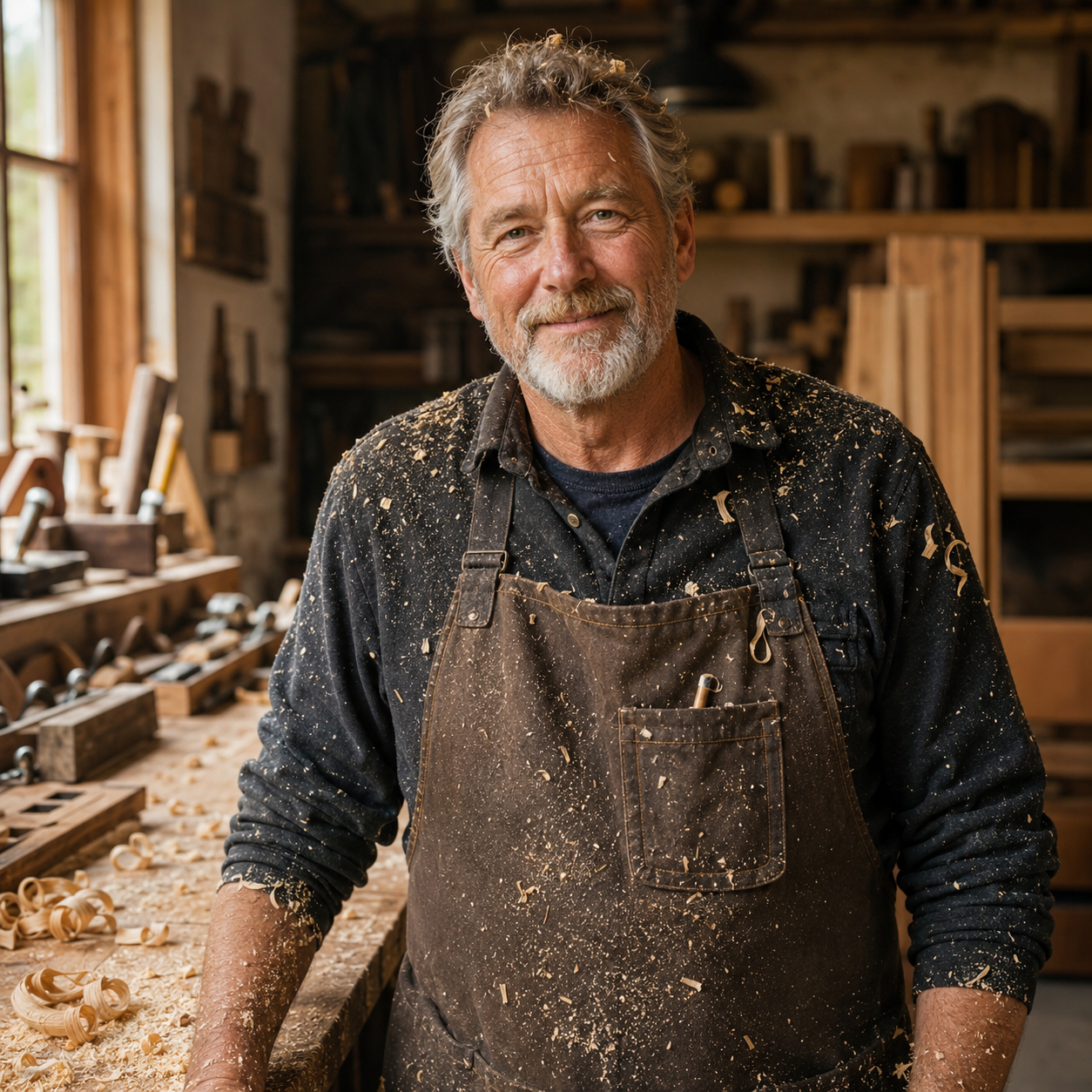 Woodworker covered in sawdust in his workshop