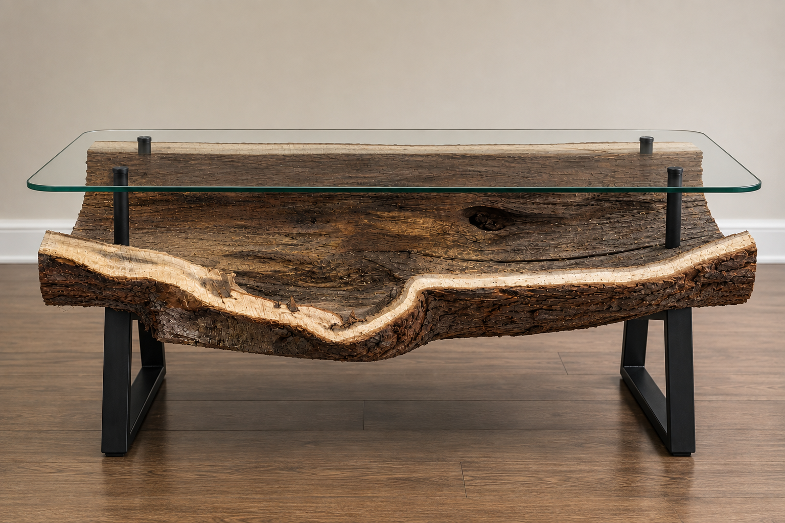Half-log coffee table concept with glass top and black metal legs