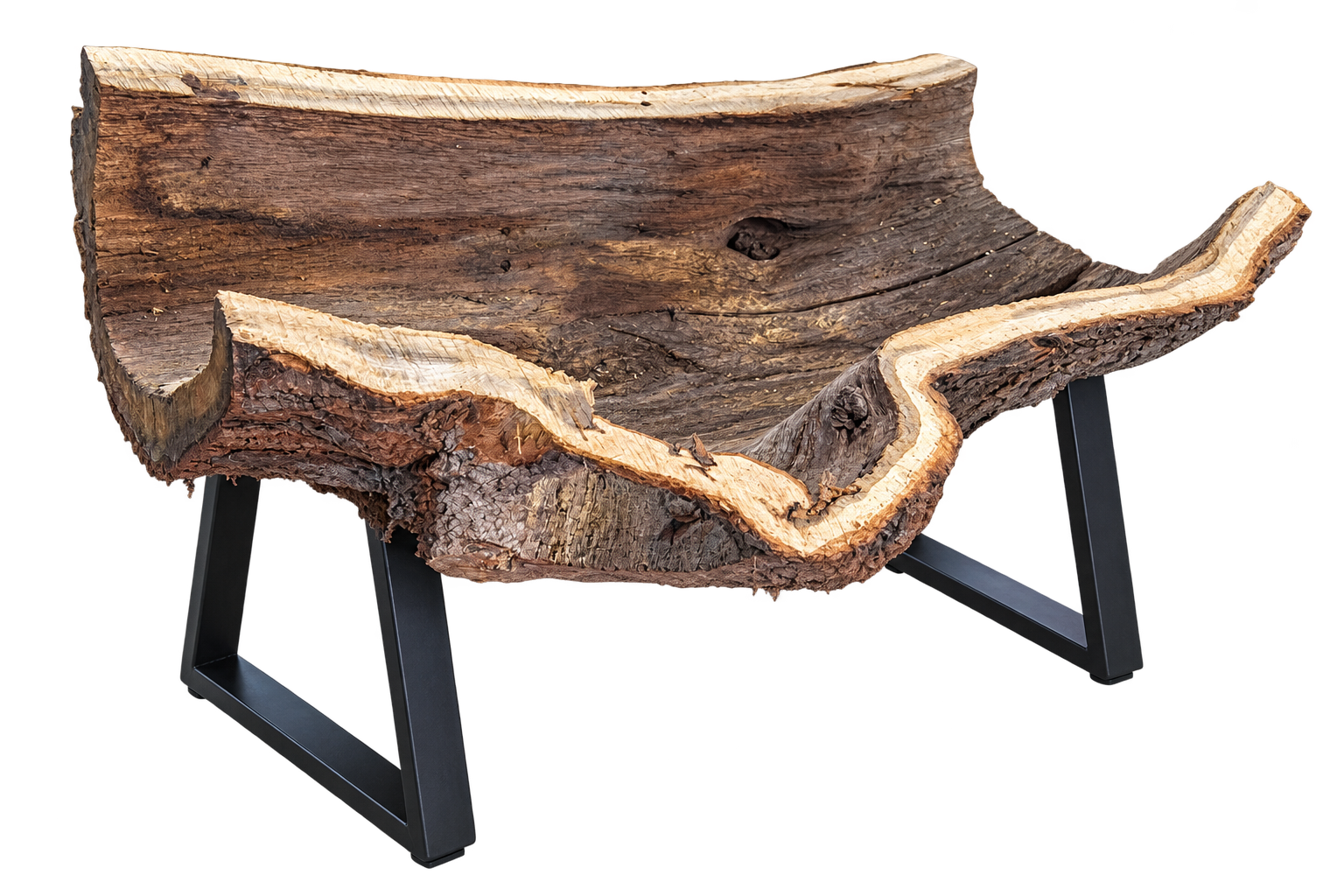 Half-log coffee table project in its current state on black metal legs