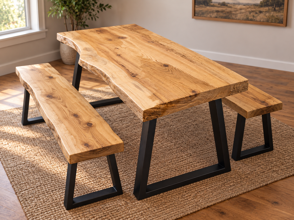 Concept for project IP105 as a finished live-edge pine table with two matching benches