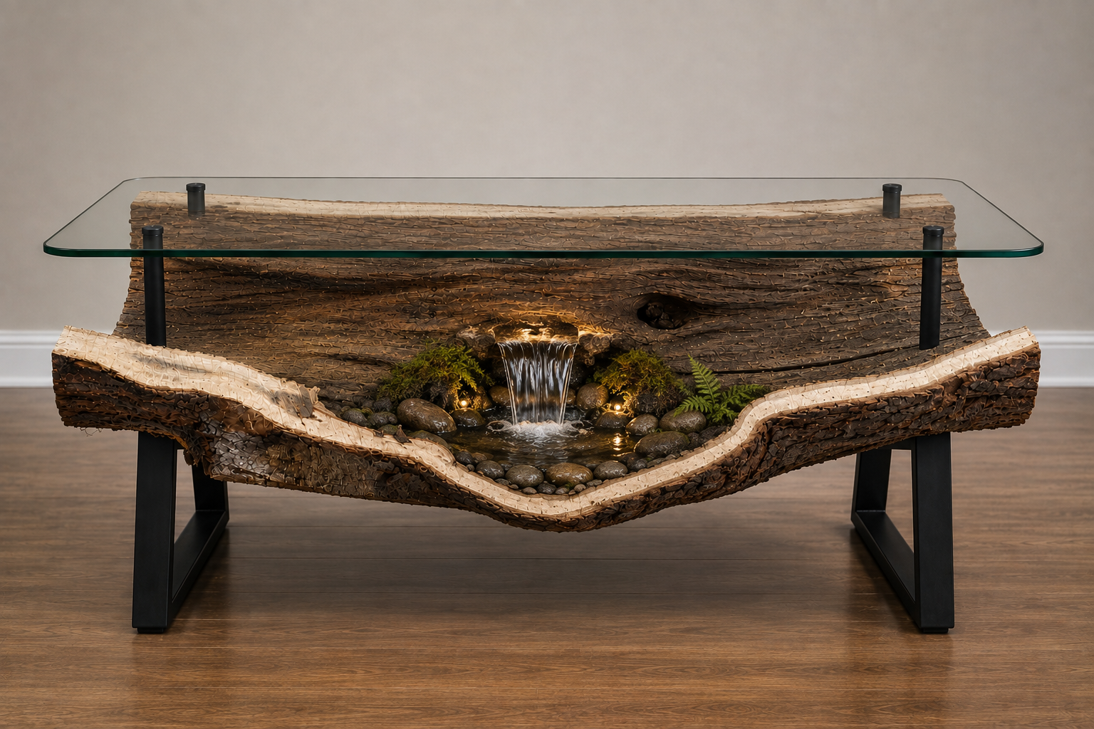 Half-log coffee table concept with illuminated waterfall scene