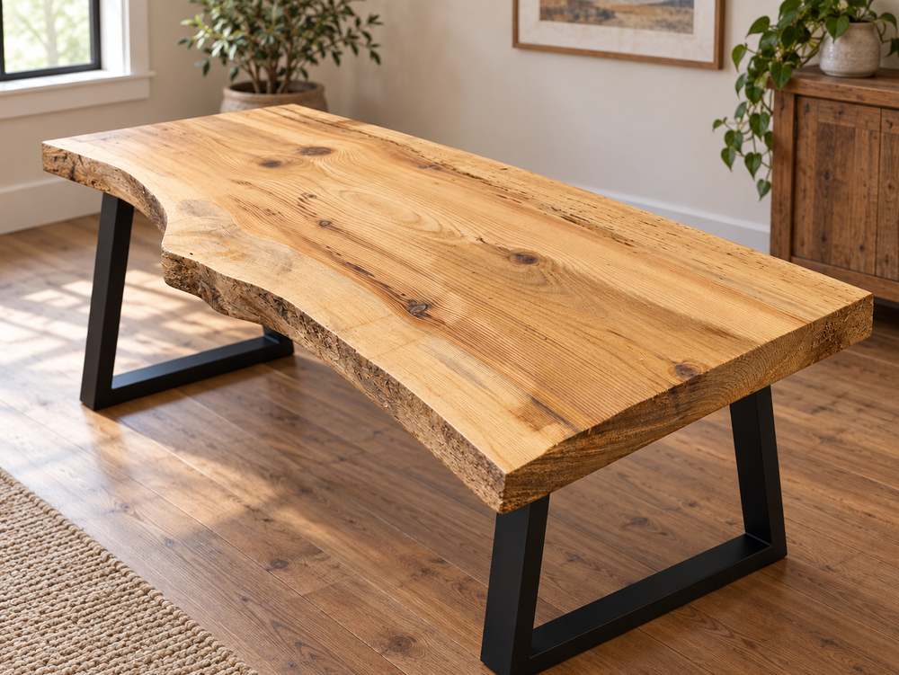 Concept for project IP105 as a finished live-edge pine table with black steel legs