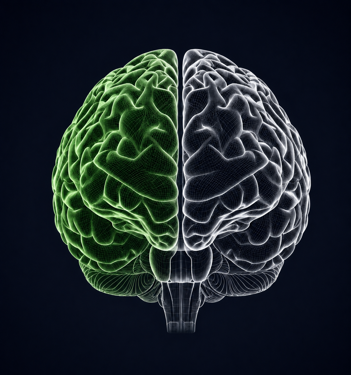 Digital illustration of a human brain with the left hemisphere highlighted in green and the right hemisphere in white, set against a dark background.