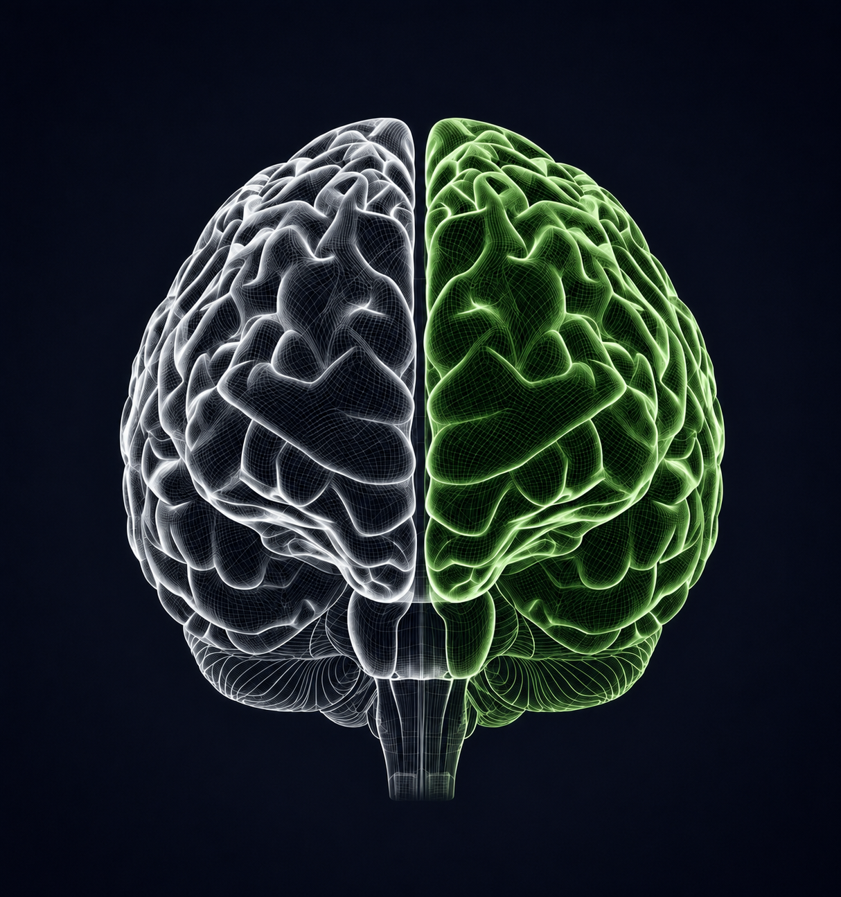 Digital illustration of a human brain, half in black and white wireframe style, and half in glowing green wireframe style, set against a dark background.