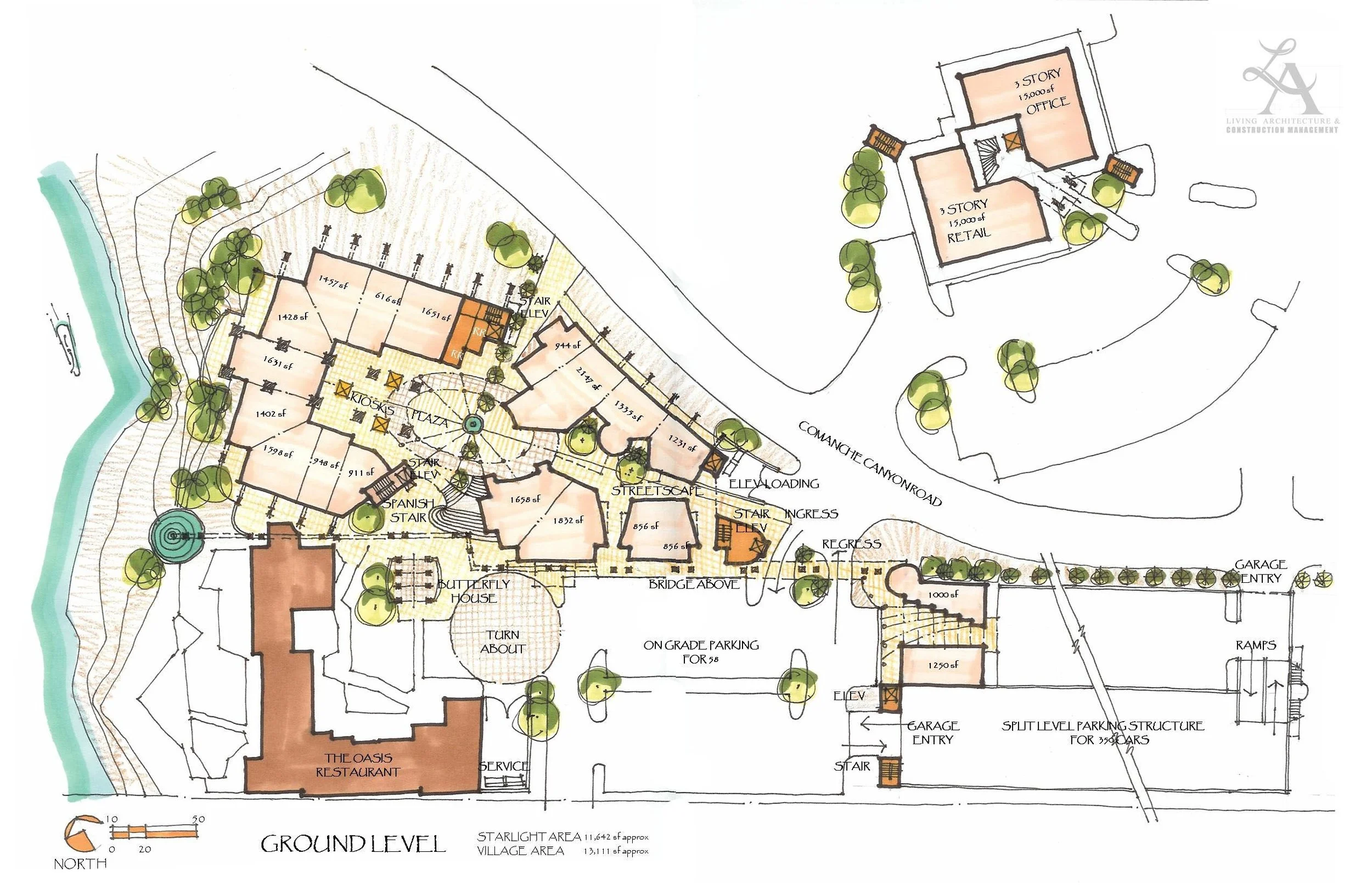 Colored architectural site plan showing building layouts, pathways, parking, and landscaping with trees