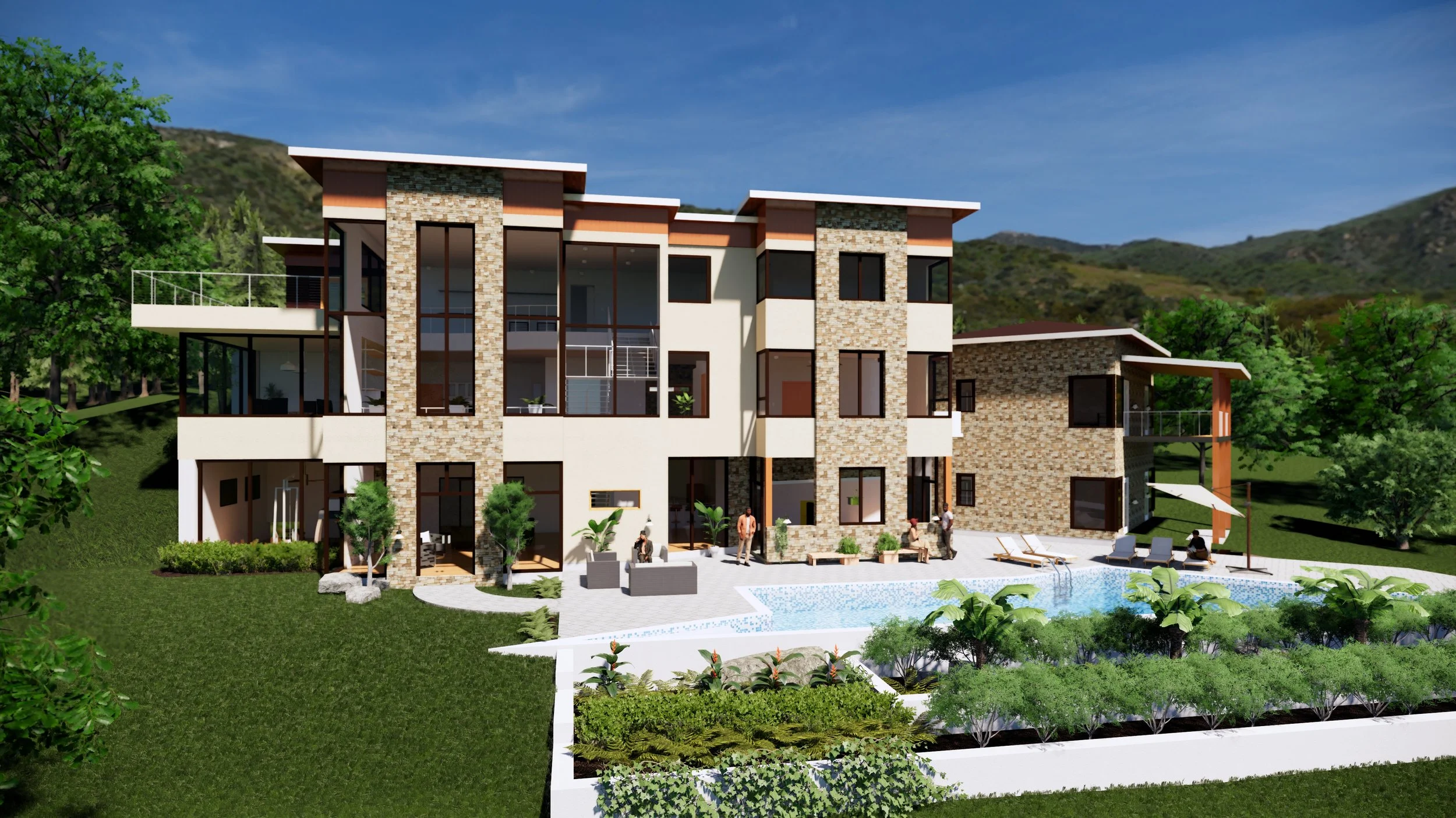 Modern multi-story house with large windows, stone accents, and outdoor pool area with lounge chairs and greenery, set against a mountainous landscape under a blue sky.
