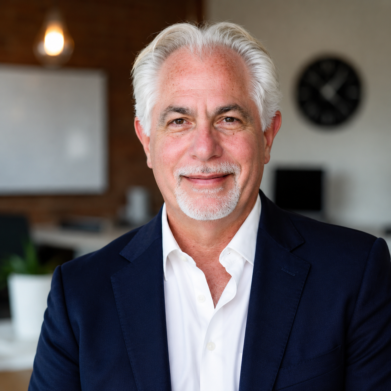 A mature man with white hair and a beard smiling in a modern office.