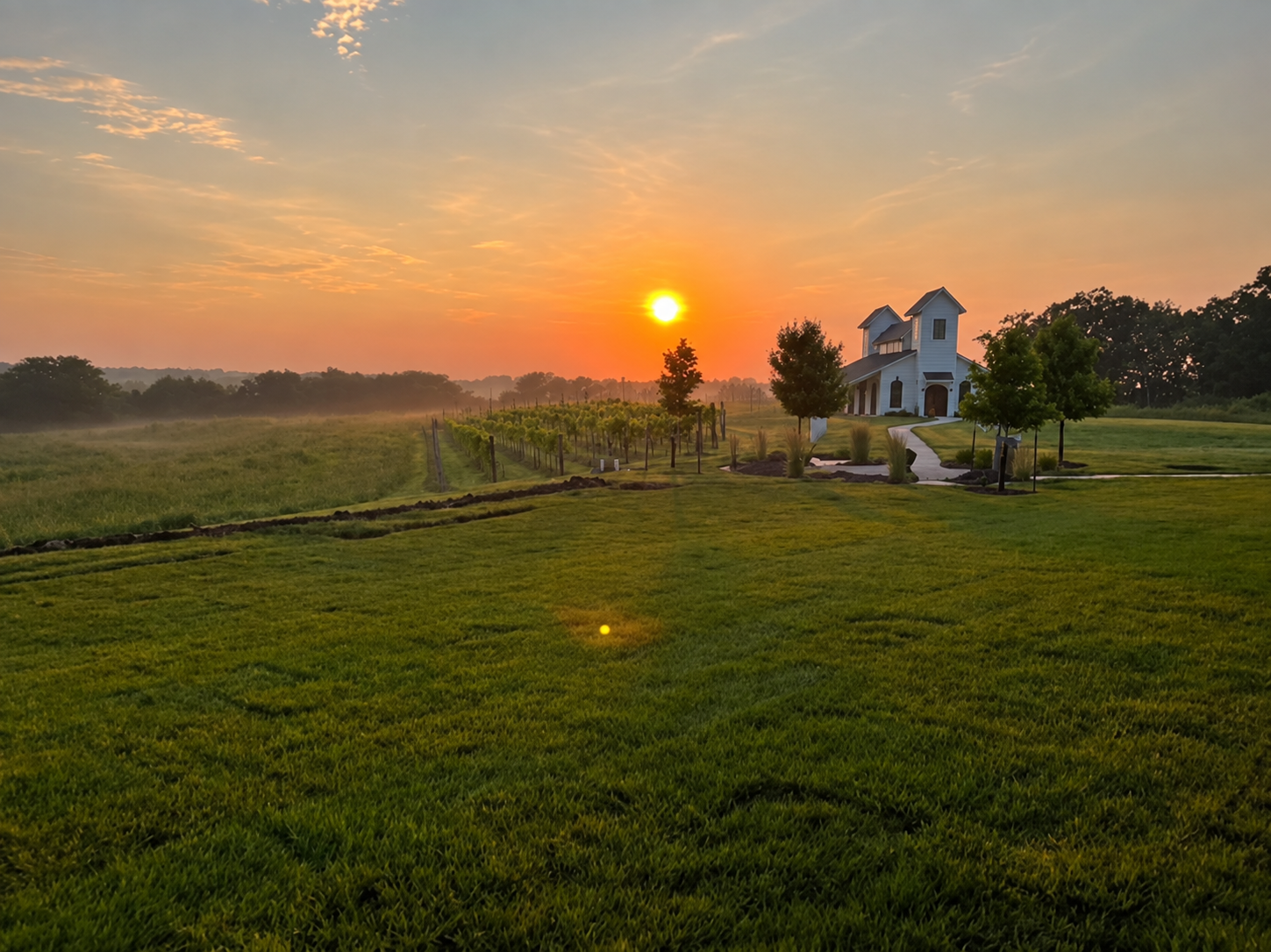 The Brim wedding venue chapel in Kansas City with a white exterior at sunset surrounded by green fields and trees