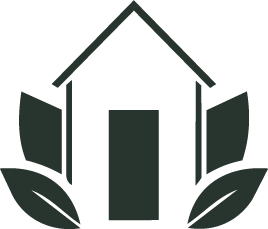 A minimalist black and white drawing of a house surrounded by leaves.