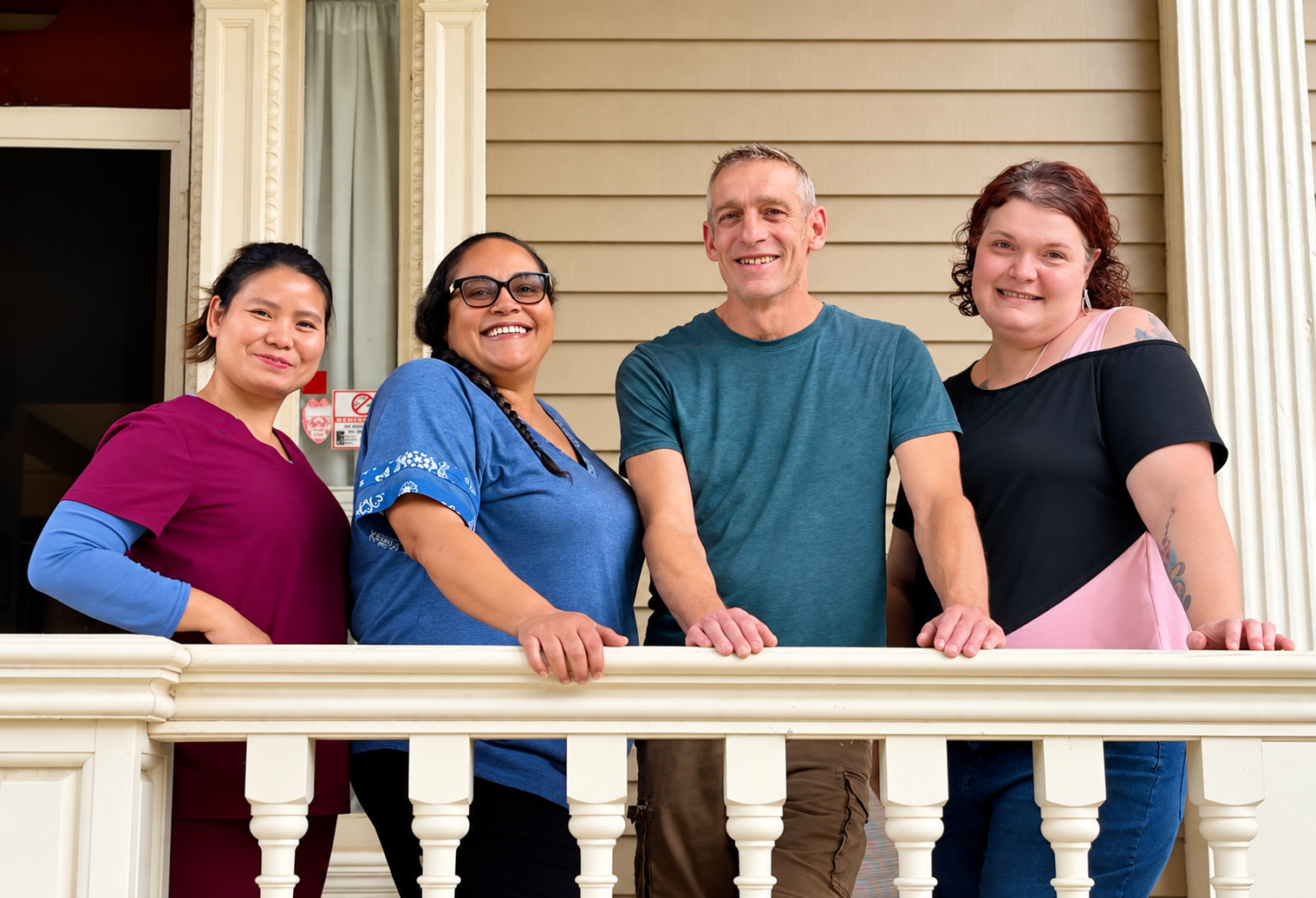 Four diverse people standing on a porch or balcony, smiling at the camera.