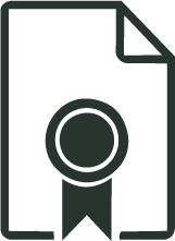An icon of a document with a ribbon or badge at the bottom, representing a certificate or award.