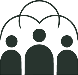 Simple line drawing of three people standing together, with a speech bubble above them.